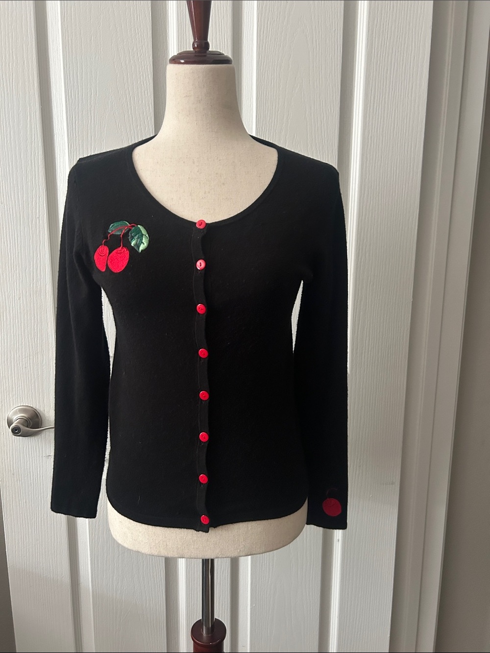 Collectif Black Cardigan Jacket with Cherry Appliqué